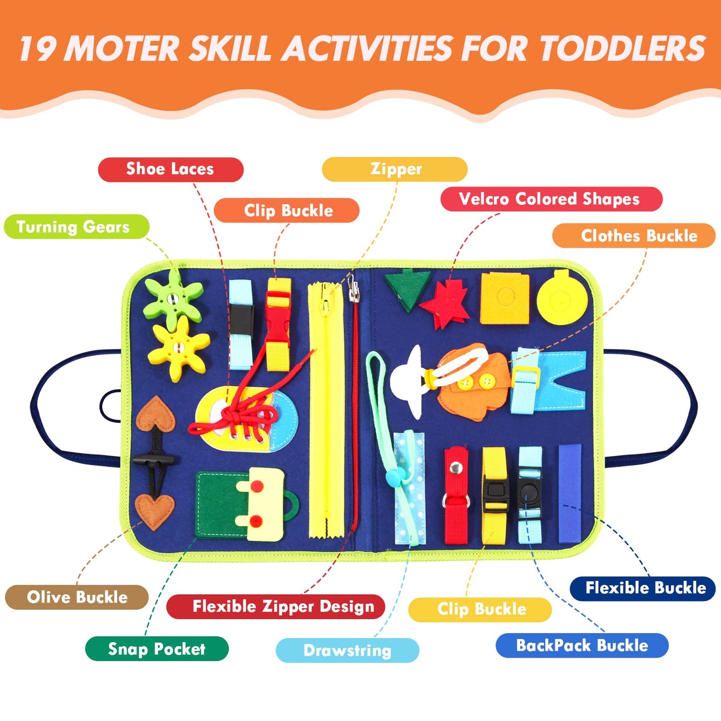 Hooku Busy Board for Toddlers, Montessori Toys for 3 Year Olds, Learning toys for 3 Year Olds, Baby Sensory Toys for 3 Year Old, Fine Motor Skills Toys, Toddler Travel Toys, Baby Gifts