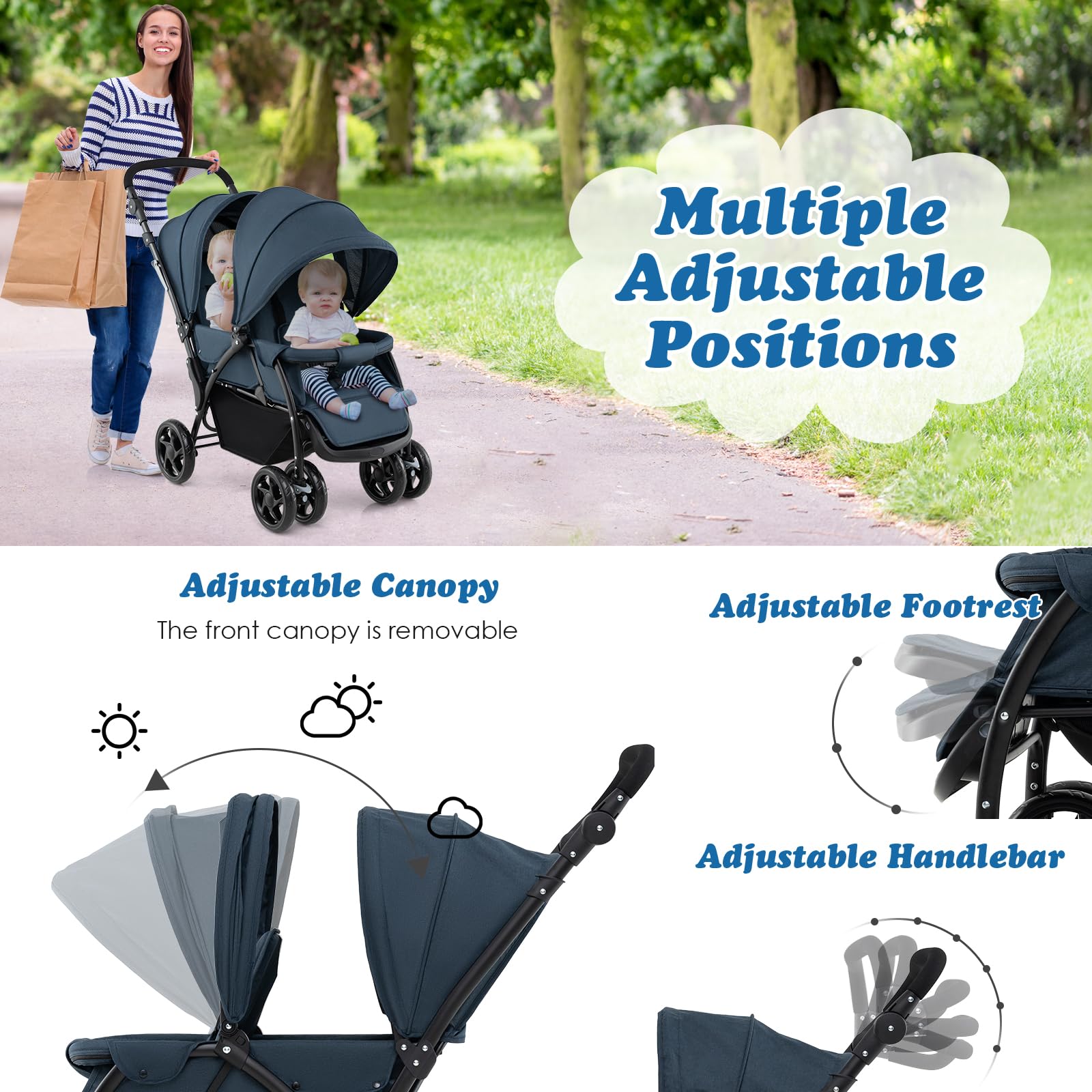 COSTWAY double pushchair with navy fabric, foldable tandem stroller, adjustable backrest, sunshade, safety belts, and storage basket.