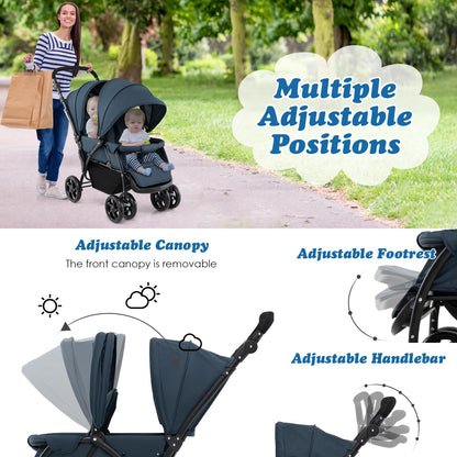 COSTWAY double pushchair with navy fabric, foldable tandem stroller, adjustable backrest, sunshade, safety belts, and storage basket.