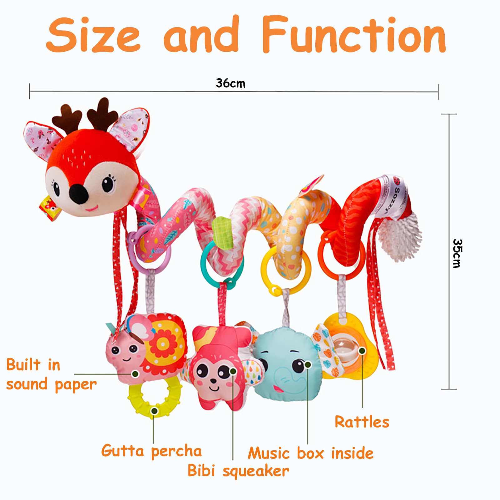 Kulveanju plush spiral baby rattle toy with hanging deer design, sensory activity toy for strollers and cribs for infants 0-12 months