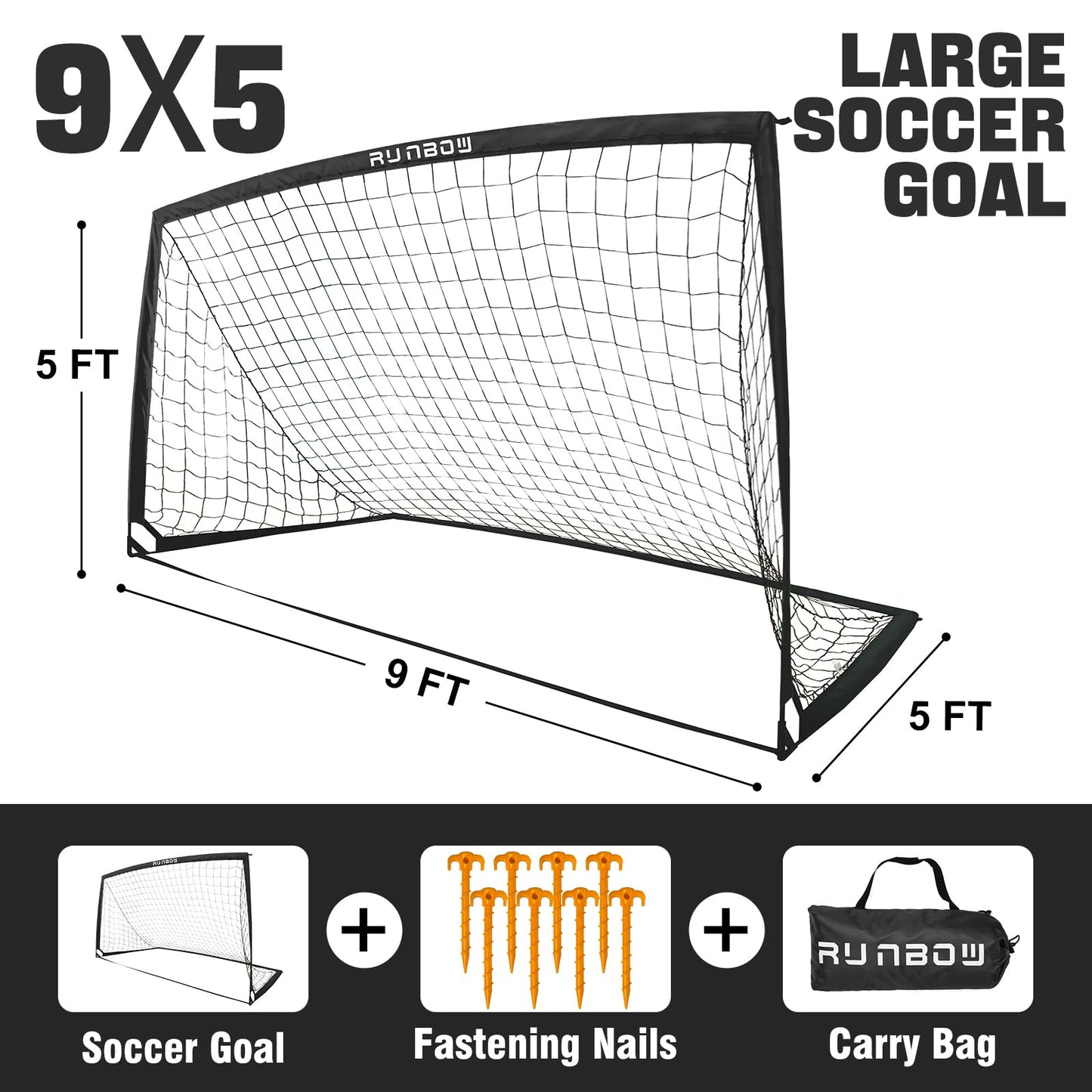 RUNBOW 9x5 ft Kids Football Goal, Portable Soccer Net for Adult Junior Backyard Practice with Carry Bag (Black, 1 Pack)