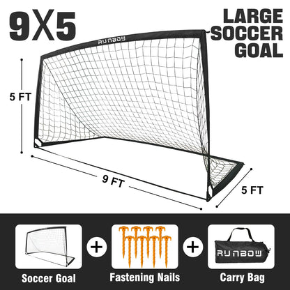 RUNBOW 9x5 ft Kids Football Goal, Portable Soccer Net for Adult Junior Backyard Practice with Carry Bag (Black, 1 Pack)