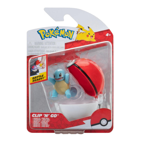 Pokémon Clip ‘N’ Go set featuring a 2-inch Squirtle figure and Poké Ball accessory on a white background.