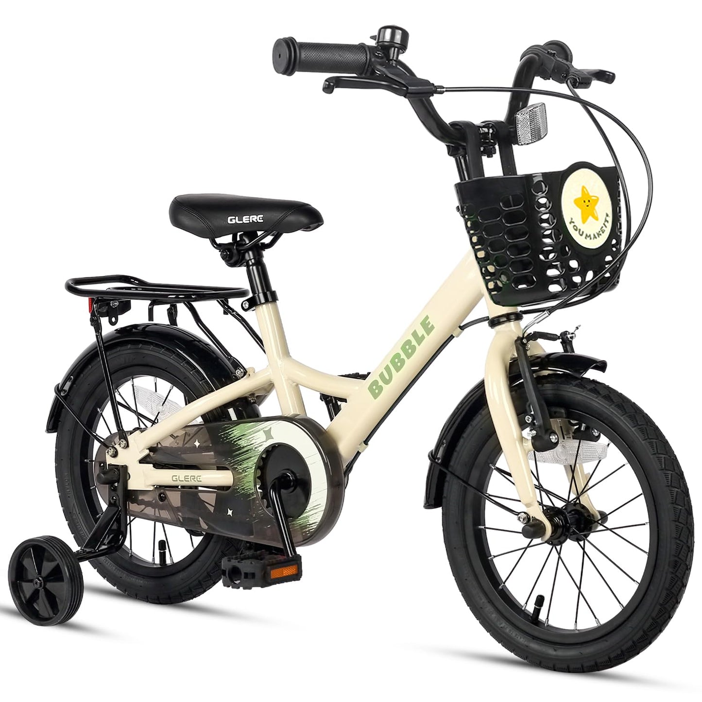 Glerc 14-inch beige kids bike with basket, stabilisers, and rear rack for 3-6 year old boys and girls.