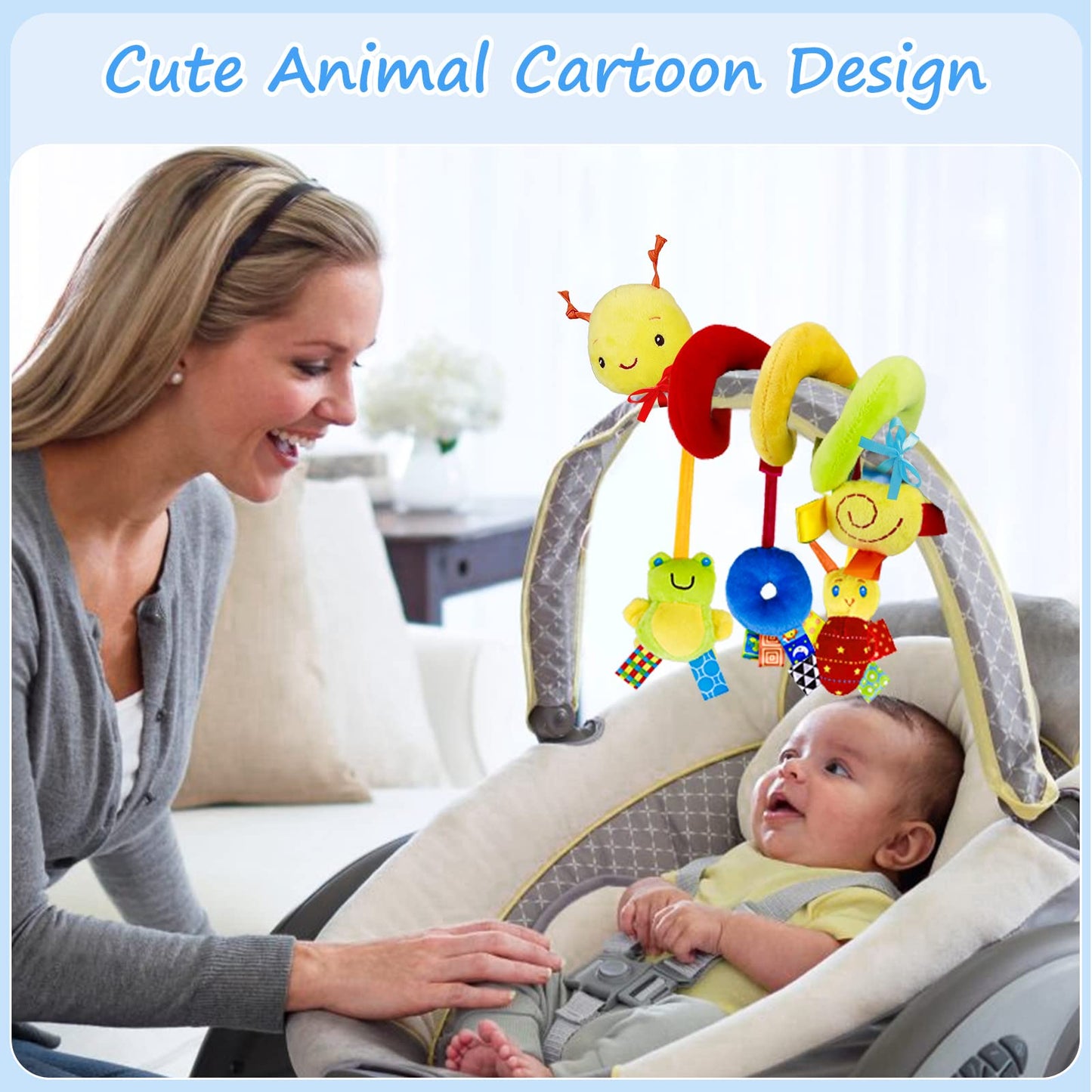 YELUFT Spiral Pram Toys for Babies - Wrap Around Pushchair Stroller Car Seat Toys for 0 3 6 9 12 Month Plush Activity Rattle Hanging Toy Sensory Gift for Newborn Infant Baby