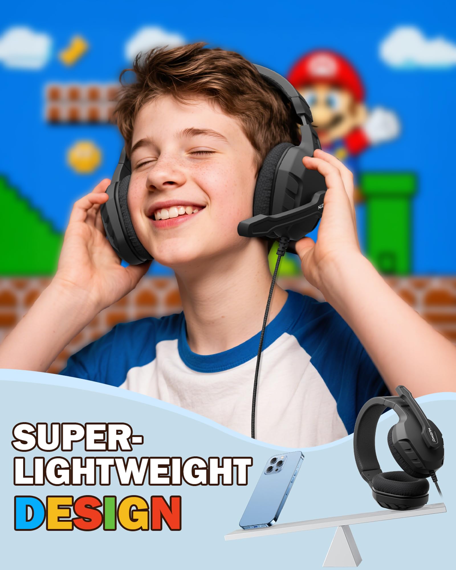 NUBWO U3 gaming headset with over-ear design, flexible microphone, volume control, black color, compatible with PC, PS4, PS5, Xbox, Mac, and more.