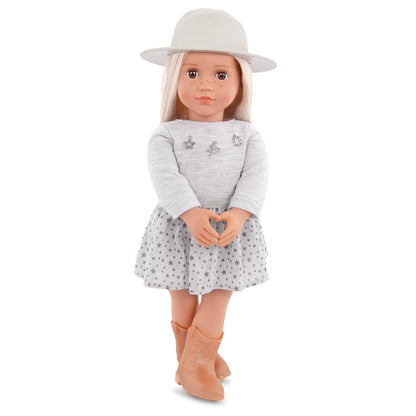 Our Generation Abigale 18-inch country doll wearing tall riding boots, a stylish brim hat, and featuring lifelike freckles.