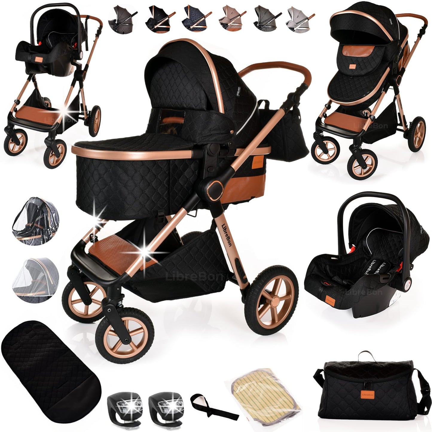 Boneelook 3-in-1 baby buggy pram stroller with black and rose gold aluminum frame, lightweight, foldable, suitable for newborns and toddlers