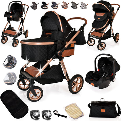 Boneelook 3-in-1 baby buggy pram stroller with black and rose gold aluminum frame, lightweight, foldable, suitable for newborns and toddlers