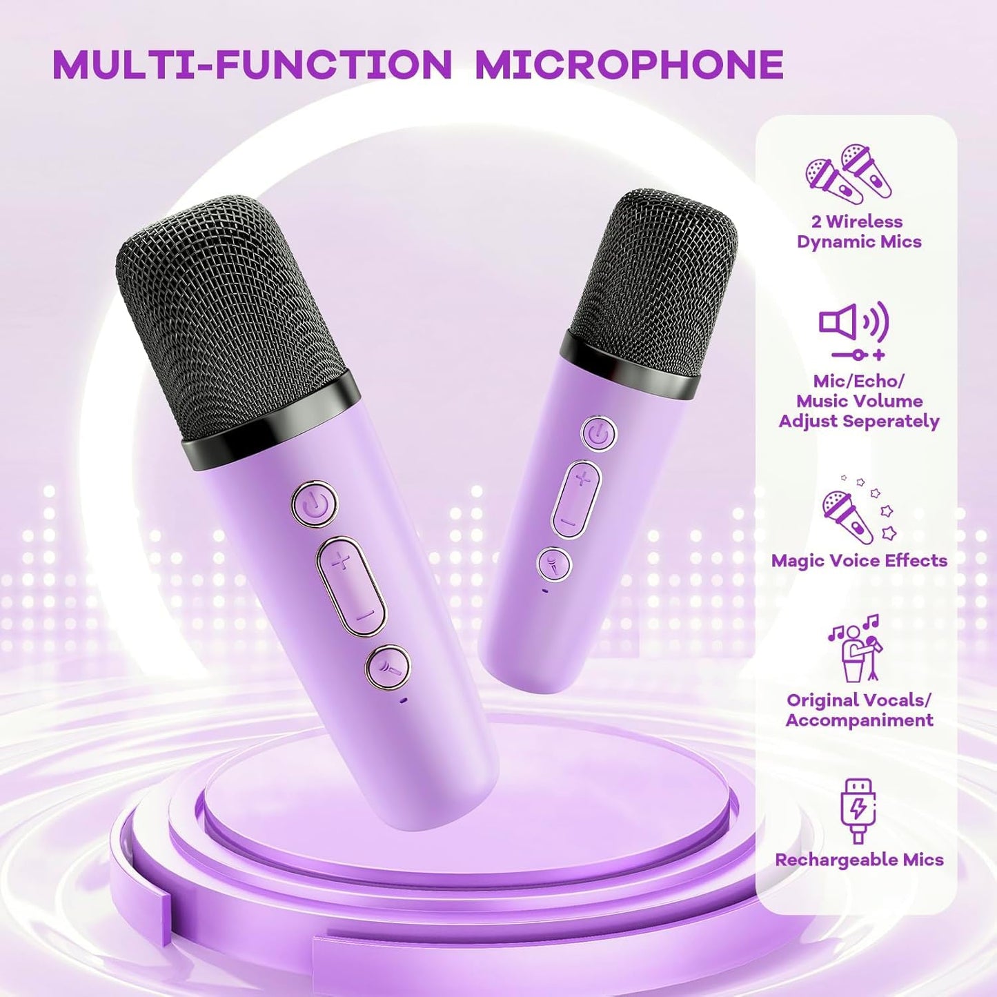 YLL mini karaoke machine with two wireless microphones in purple, ideal for kids' birthday parties and singing fun for ages 3-12.
