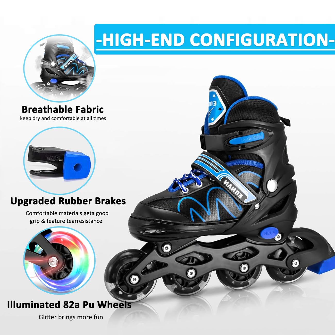 Blue ERNAN adjustable kids' inline skates with light-up wheels, suitable for boys and girls, perfect for beginners.