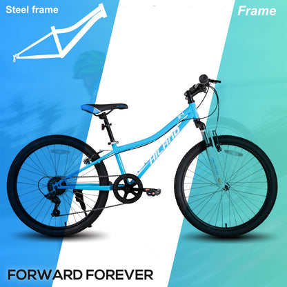 HILAND 24 Inch Kids Mountain Bike, 7 Speed MTB Bike for Boys Girls, Kids Mountain Bicycle with Suspension Fork V-brakes, Blue