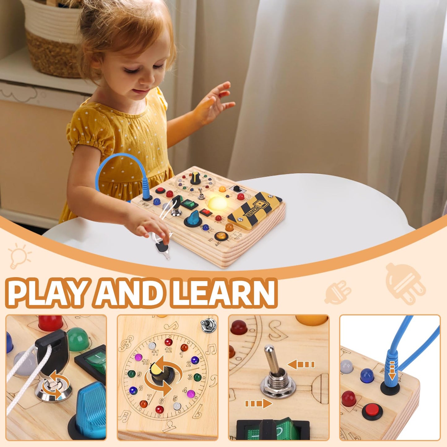 Konijiwa Busy Board Montessori Activity Board With 10 Switches and 23 LED Lights - Wooden Sensory Toy for Fine Motor Skills - for Babies and Toddlers 1-4 Years Old Boys and Girls