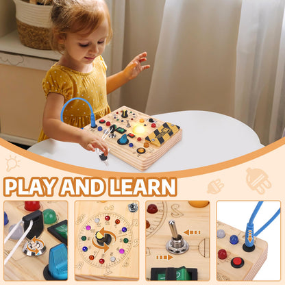 Konijiwa Busy Board Montessori Activity Board With 10 Switches and 23 LED Lights - Wooden Sensory Toy for Fine Motor Skills - for Babies and Toddlers 1-4 Years Old Boys and Girls