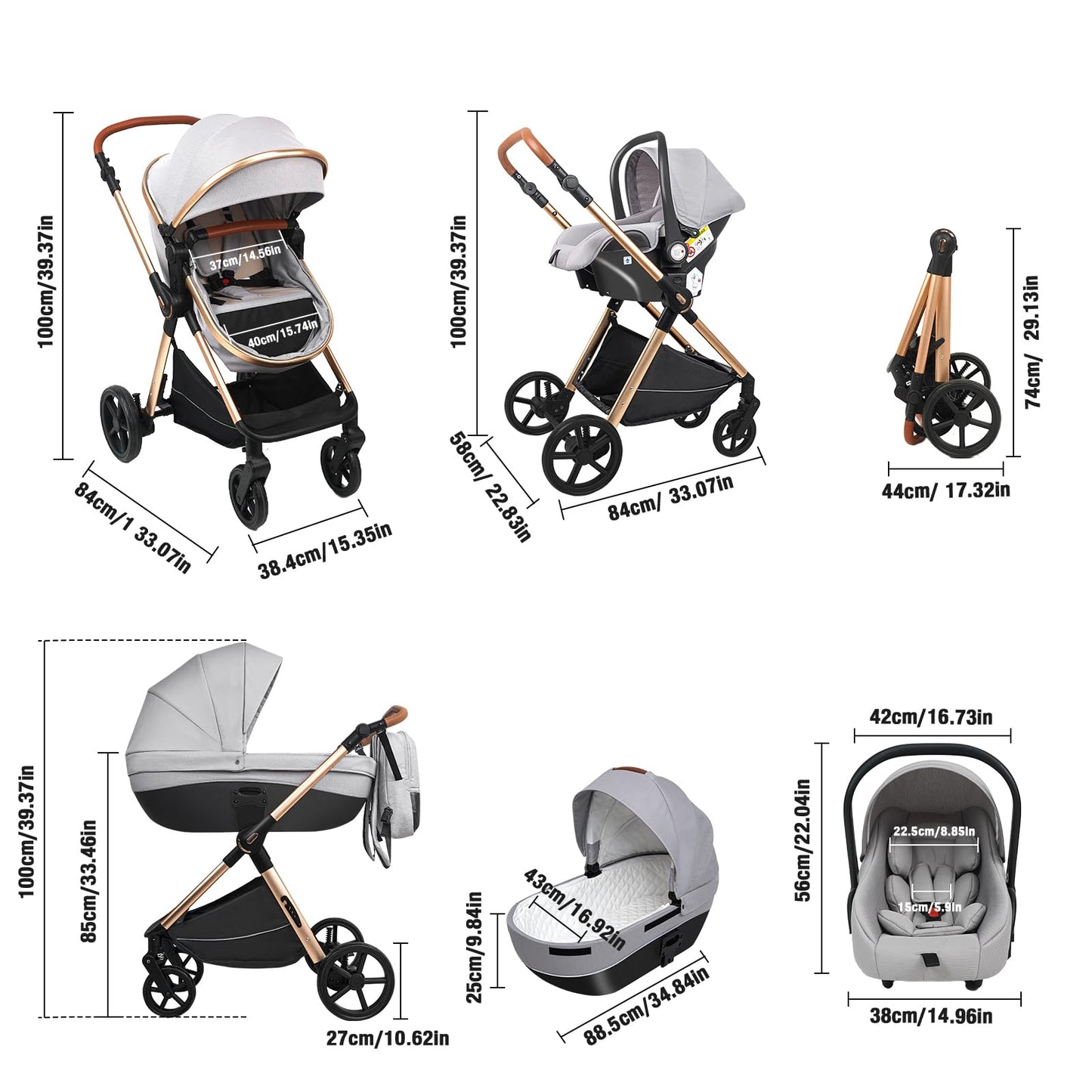 Magic ZC 4 in 1 Pushchair Pram Travel System, Baby Stroller 4 in 1 with Reversible Two Pushing Modes, Newborn Infant Carriage One-Click Folding, Toddler Buggy Aluminum Frame (H2 Light Grey)
