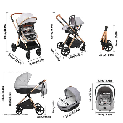 Magic ZC 4 in 1 Pushchair Pram Travel System, Baby Stroller 4 in 1 with Reversible Two Pushing Modes, Newborn Infant Carriage One-Click Folding, Toddler Buggy Aluminum Frame (H2 Light Grey)