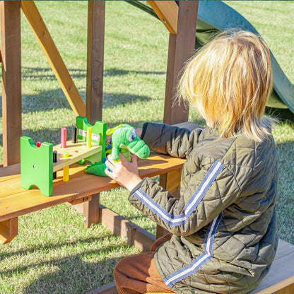 DOLPHIN PLAYGROUND T Wooden Swing and Slide Set, Wooden Outdoor Play Equipment with Picnic Table, PlayHouse, 2 Swings, Climbing Wall, Kids Outdoor Play Equipment for Ages 3+