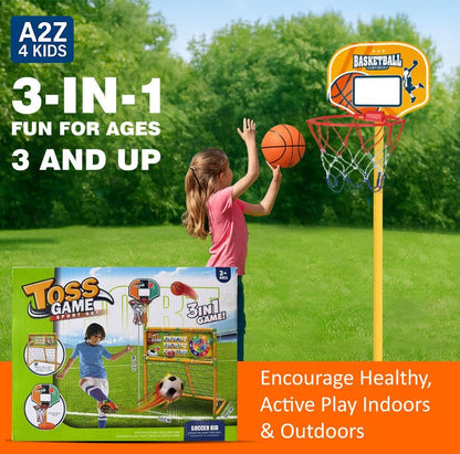 A2Z 4 Kids 3-in-1 indoor/outdoor toss game set with basketball hoop, football goal, target board, balls, and pump for active play