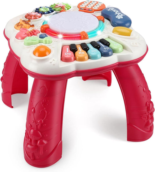 Innoocool Baby Activity Table Sensory Toys, Birthday Gift Music Learning Table for 0-6 Months 1 2 3 Year Old Boys and Girls, Early Education Music Table with Light and Sound 30×30×29cm, Red