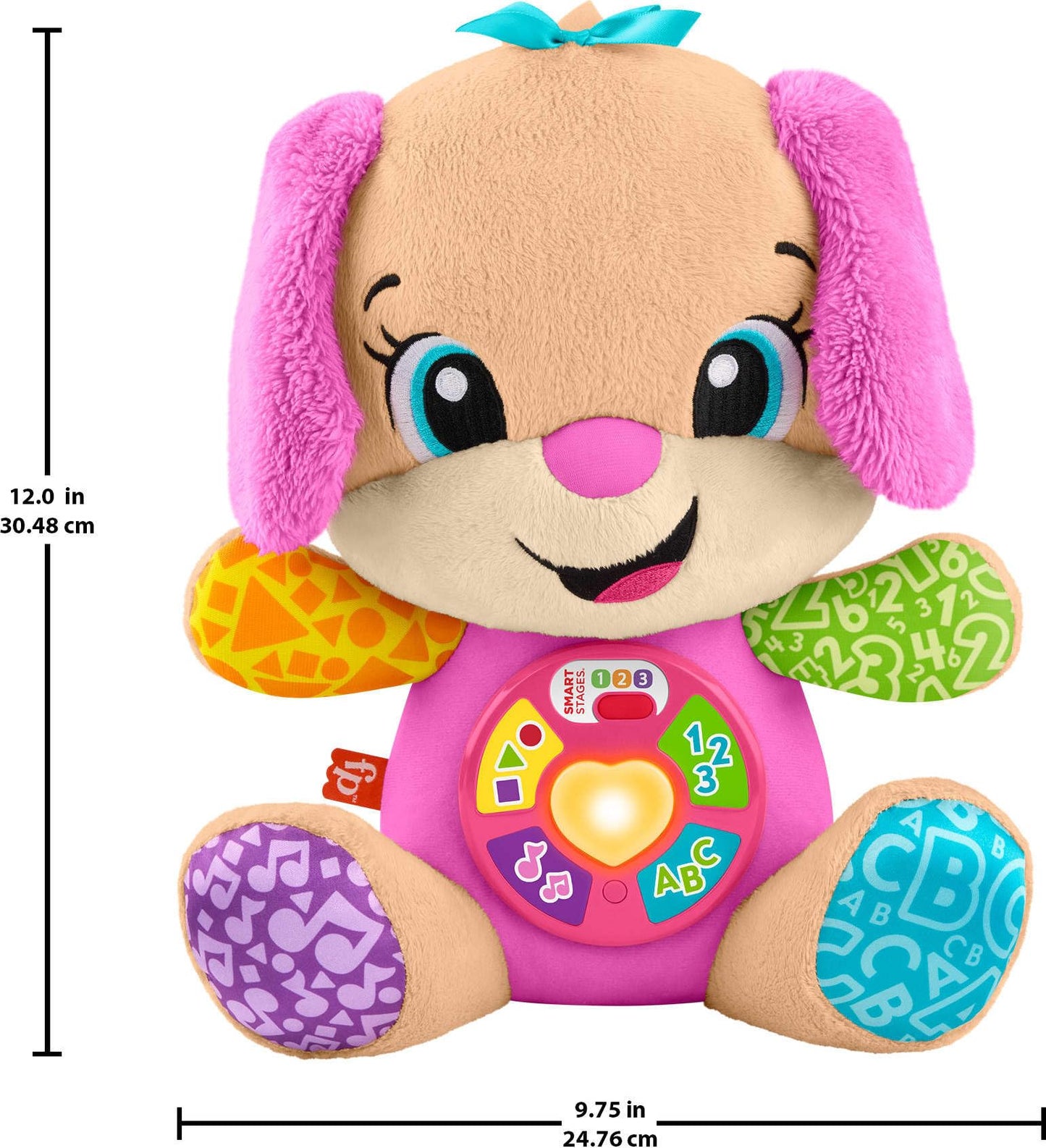 Fisher-Price Laugh & Learn Smart Stages Sis plush baby toy with lights, musical buttons, and learning songs for infants 6+ months.