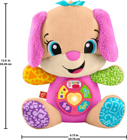 Fisher-Price Laugh & Learn Smart Stages Sis plush baby toy with lights, musical buttons, and learning songs for infants 6+ months.
