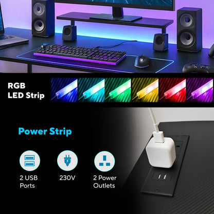 LEVSON L-Shaped Gaming Desk 150×80 cm, Carbon Fibre Computer Table with LED Lights, Power Outlets & USB Ports, Foldable & Extendable Design from 120cm to 150cm, Black Corner Desk for Home Office