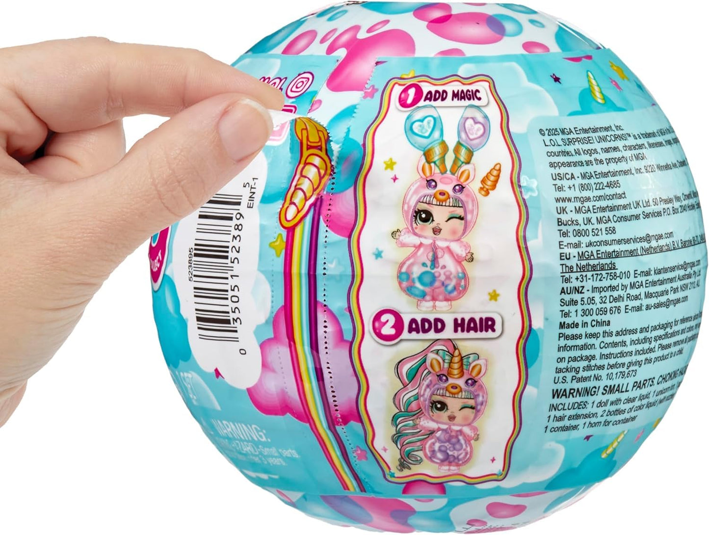 L.O.L. Surprise! Unicorns Tots doll with vibrant colors, lava lamp, and colorful potions in blind packaging for kids.