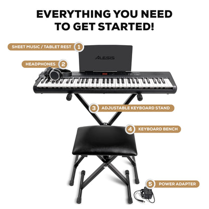 Alesis Melody 61 keyboard piano with 61 keys, built-in speakers, stand, bench, headphones, and tablet stand for beginners.