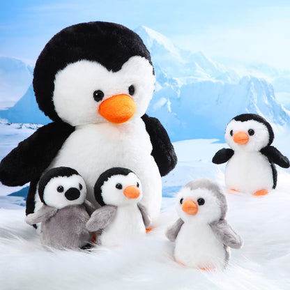 Harrycle 5 Pcs Stuffed Animal Penguin Plush Toy Set 14 Inch Mommy Penguin Stuffed Animal with 4 Cute Babies in Zippered Belly Soft Cuddly Plushie for Kids Gifts(Lovely Style)