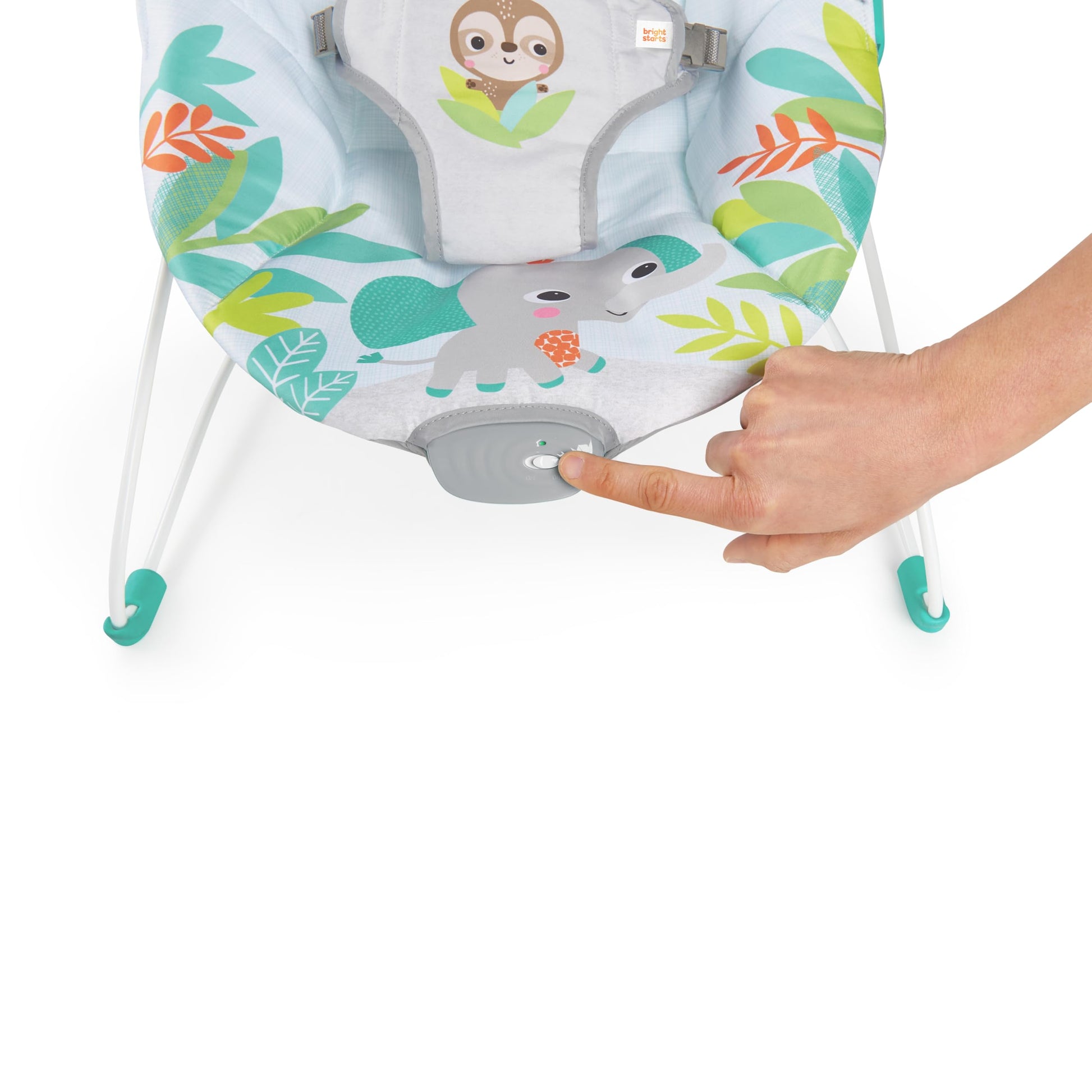 Bright Starts rainforest-themed baby bouncer with soothing vibrations, removable toy bar, nonslip feet for infants 0-6 months up to 20 lbs.
