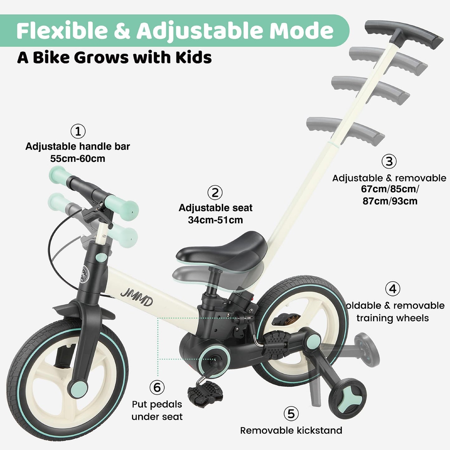 JMMD 6-in-1 Toddler Bike with Training Wheels and Pedals, 12 inch Convertible and Foldable Balance Bike & Pedal Bike with Adjustable Parent Handle, Kickstand, Brakes for kids, Age 18 Months-5 Years