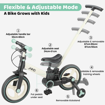 JMMD 6-in-1 Toddler Bike with Training Wheels and Pedals, 12 inch Convertible and Foldable Balance Bike & Pedal Bike with Adjustable Parent Handle, Kickstand, Brakes for kids, Age 18 Months-5 Years