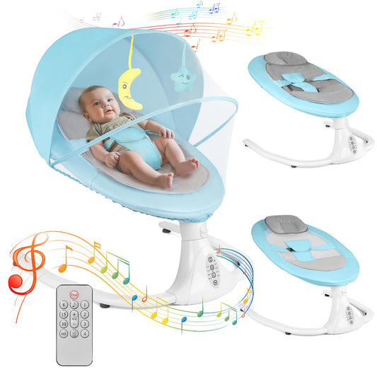 Blue electric baby swing chair with remote control, Bluetooth music, 4 speeds, 4 timer settings, and removable seat cushion by FineFizz.