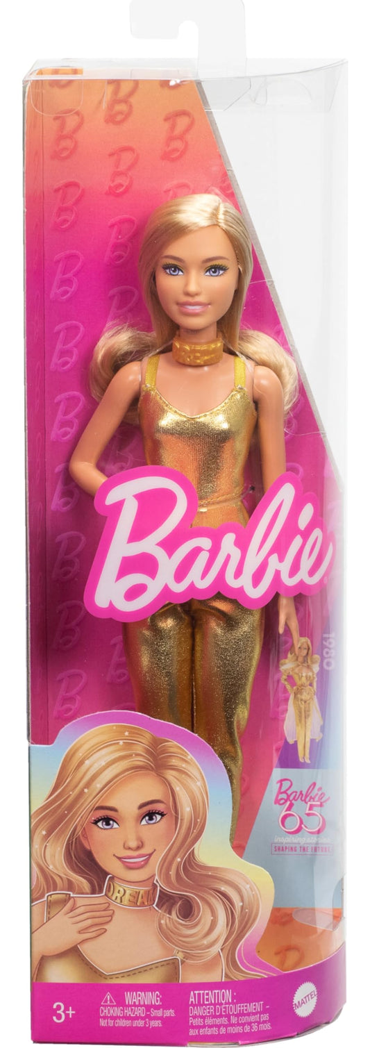 Barbie Fashionistas Doll #222 in a golden jumpsuit with blonde wavy hair, celebrating the 65th anniversary.