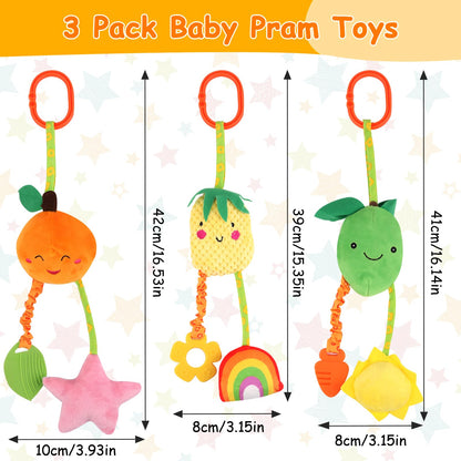 Three plush baby pram toys with clips, sensory rattles for newborns, designed for car seats, strollers, and cribs by Neerow.