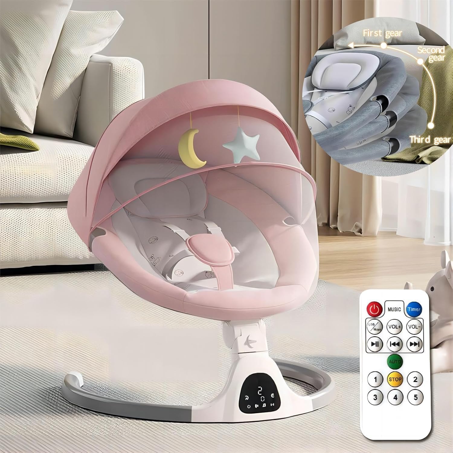 HoldOneLight adjustable height baby swing with remote control, 5 speeds, 3 seat positions, 5-point harness, and preset lullabies.