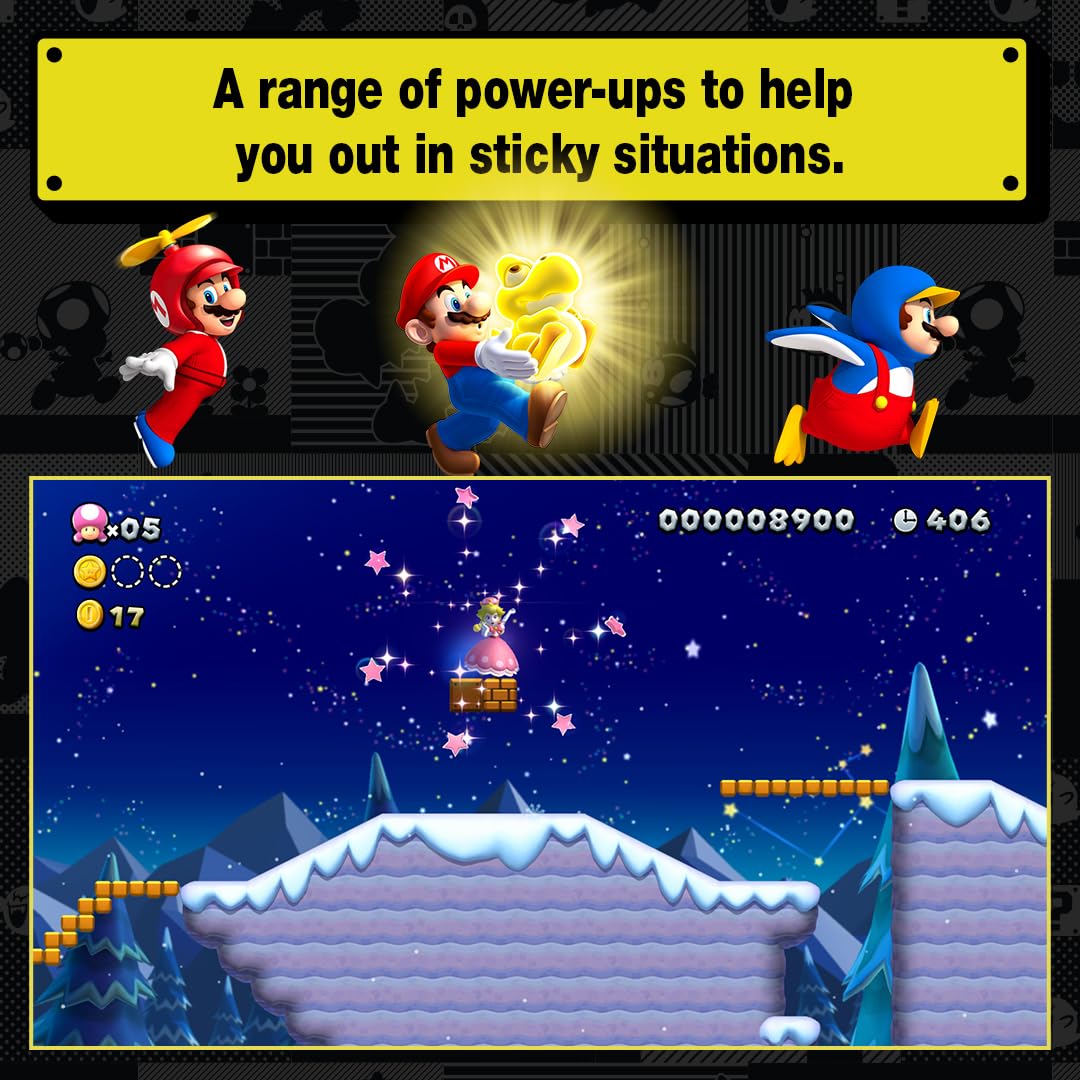 Screenshot of New Super Mario Bros. U Deluxe for Nintendo Switch showing Mario and friends jumping in colorful, vibrant game world.