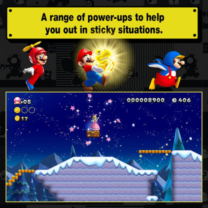 Screenshot of New Super Mario Bros. U Deluxe for Nintendo Switch showing Mario and friends jumping in colorful, vibrant game world.