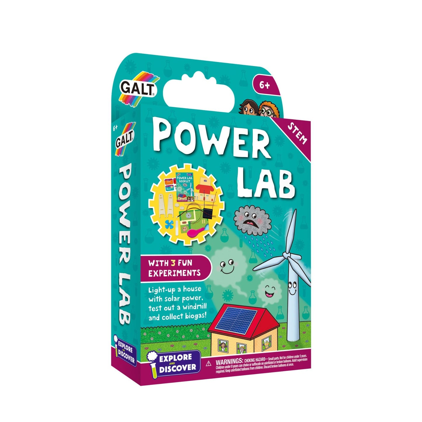 Galt Power Lab science kit for kids showing solar panel, motor, and experiment components for STEM learning and exploration.