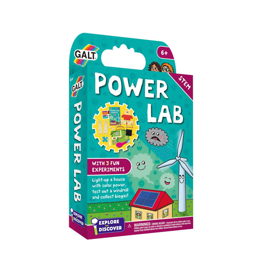 Galt Power Lab science kit for kids showing solar panel, motor, and experiment components for STEM learning and exploration.