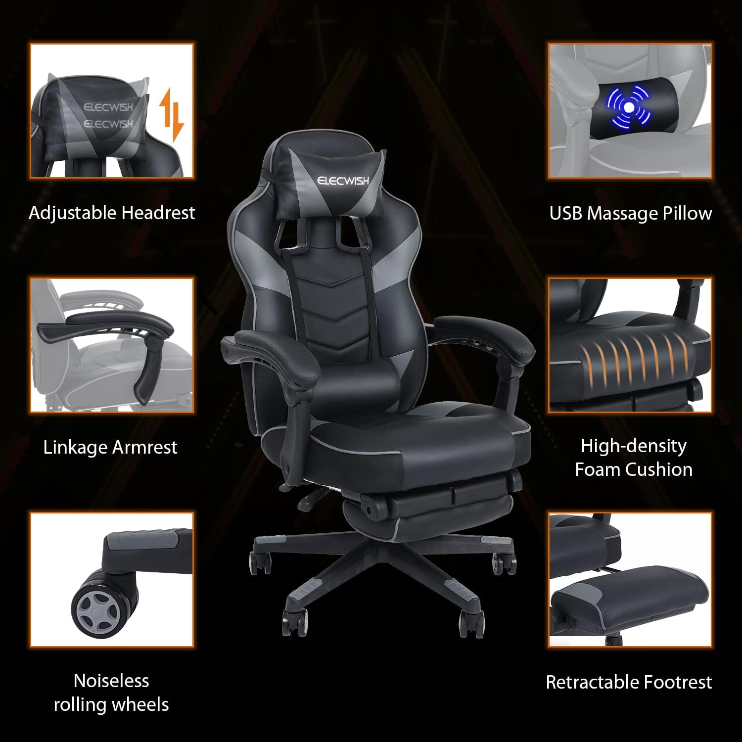 Grey PULUOMIS gaming chair with footrest, ergonomic design, headrest, lumbar support, and massage feature for comfortable gaming.