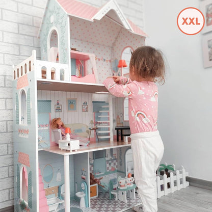Mamabrum Wooden Dolls House XXL with Terrace Garden, LED Lights, Furniture & Accessories Included, 3-Storey Houses & Wooden Sweet Playhouse with Painted Roof & Walls for Little Girls, Rose/Light Blue