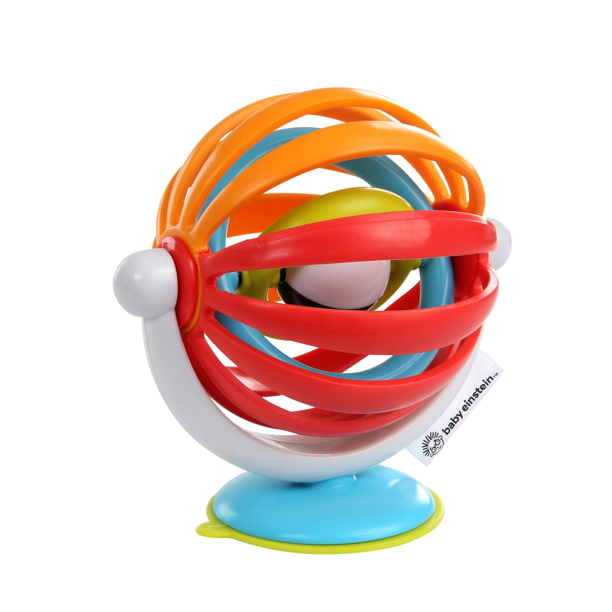 Baby Einstein sticky spinner booster with spinning wheel, rattle, and sensory toys on suction cup base for babies 3 months+.