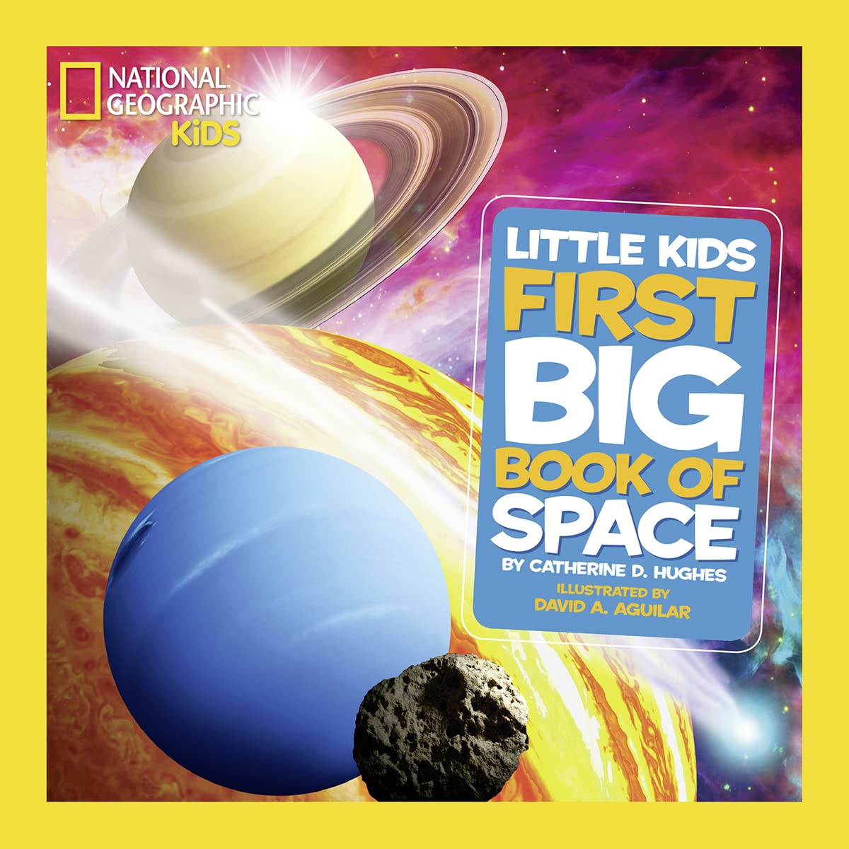 Usborne Little Kids First Big Book of Space by National Geographic Kids, colorful pages with planets, rockets, and space exploration.