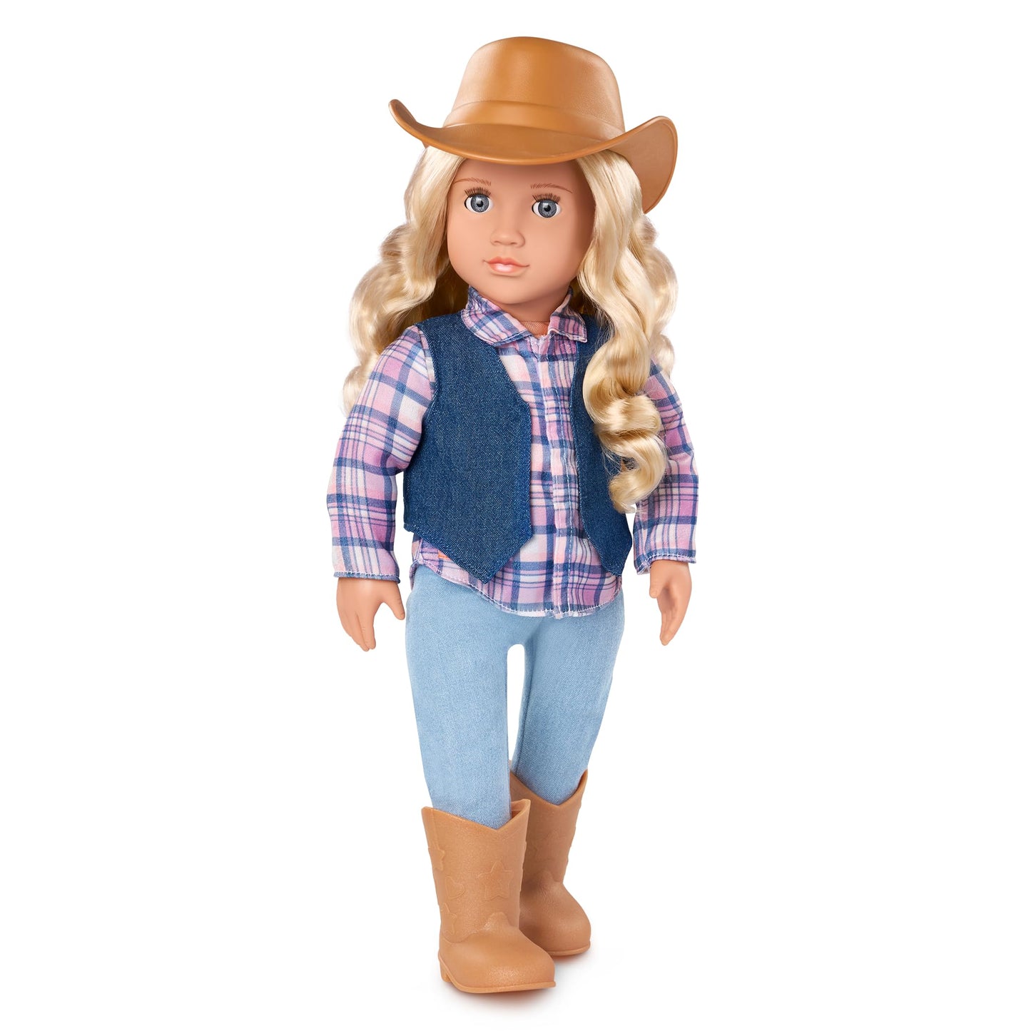 18-inch Our Generation Ashleigh cowgirl doll in outfit with tall riding boots and cowboy hat, featuring lifelike gray eyes.