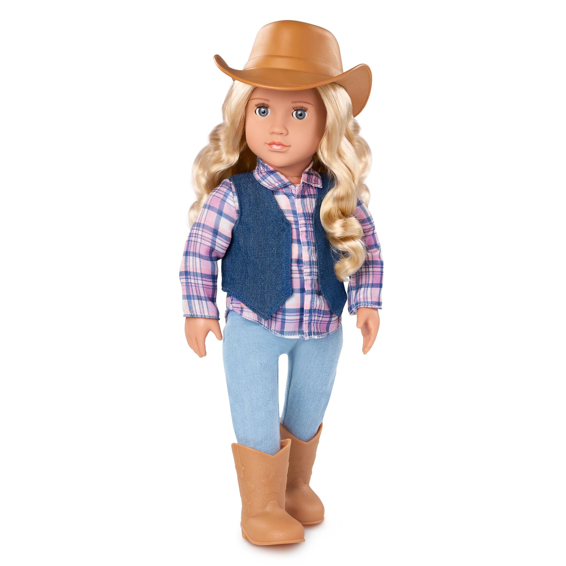 18-inch Our Generation Ashleigh cowgirl doll in outfit with tall riding boots and cowboy hat, featuring lifelike gray eyes.