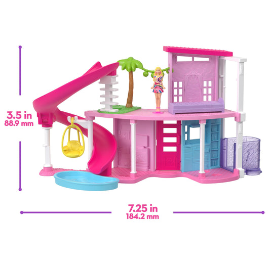 Barbie Mini DreamHouse with three playsets, furniture, accessories, and four 1.5-inch dolls in colorful settings.