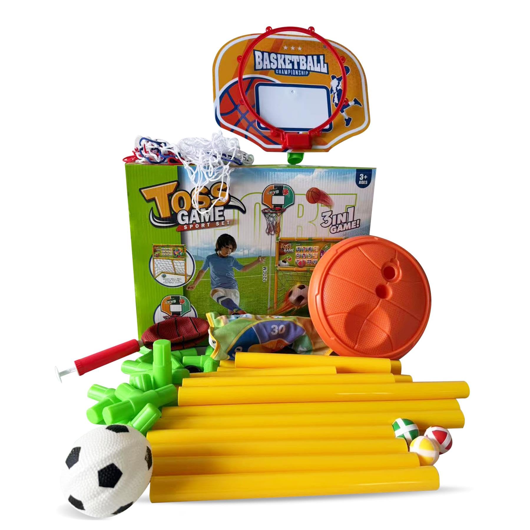 A2Z 4 Kids 3-in-1 indoor outdoor toss game set with basketball hoop, football goal, target board, balls, pump, and adjustable height