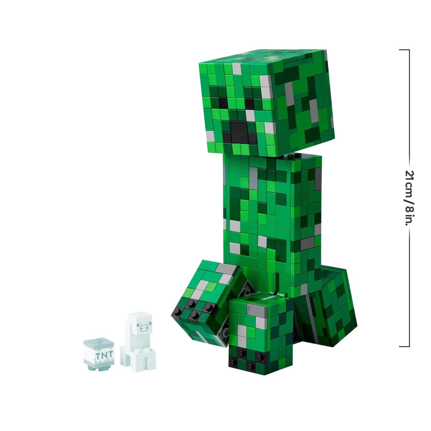 LEGO Minecraft The Creeper posable figure with hidden compartment, pig, and TNT element for creative gaming fun.