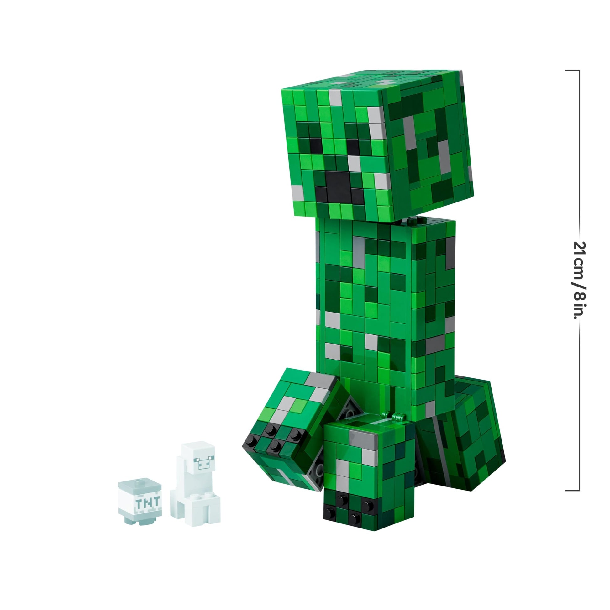LEGO Minecraft The Creeper posable figure with hidden compartment, pig, and TNT element for creative gaming fun.